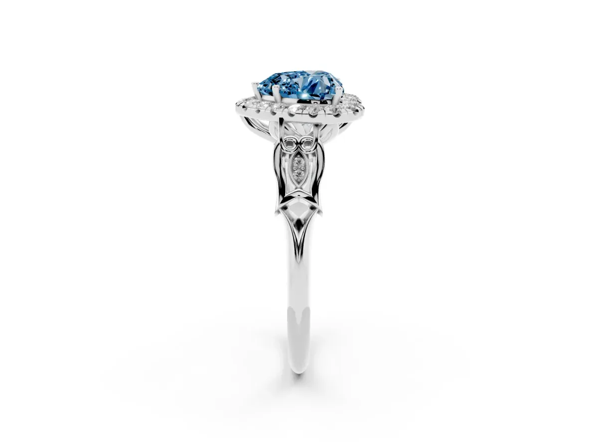 Fancy Blue Heart Cut Halo Diamond Engagement Ring with Filigree Band and Four-Prong Setting Silver