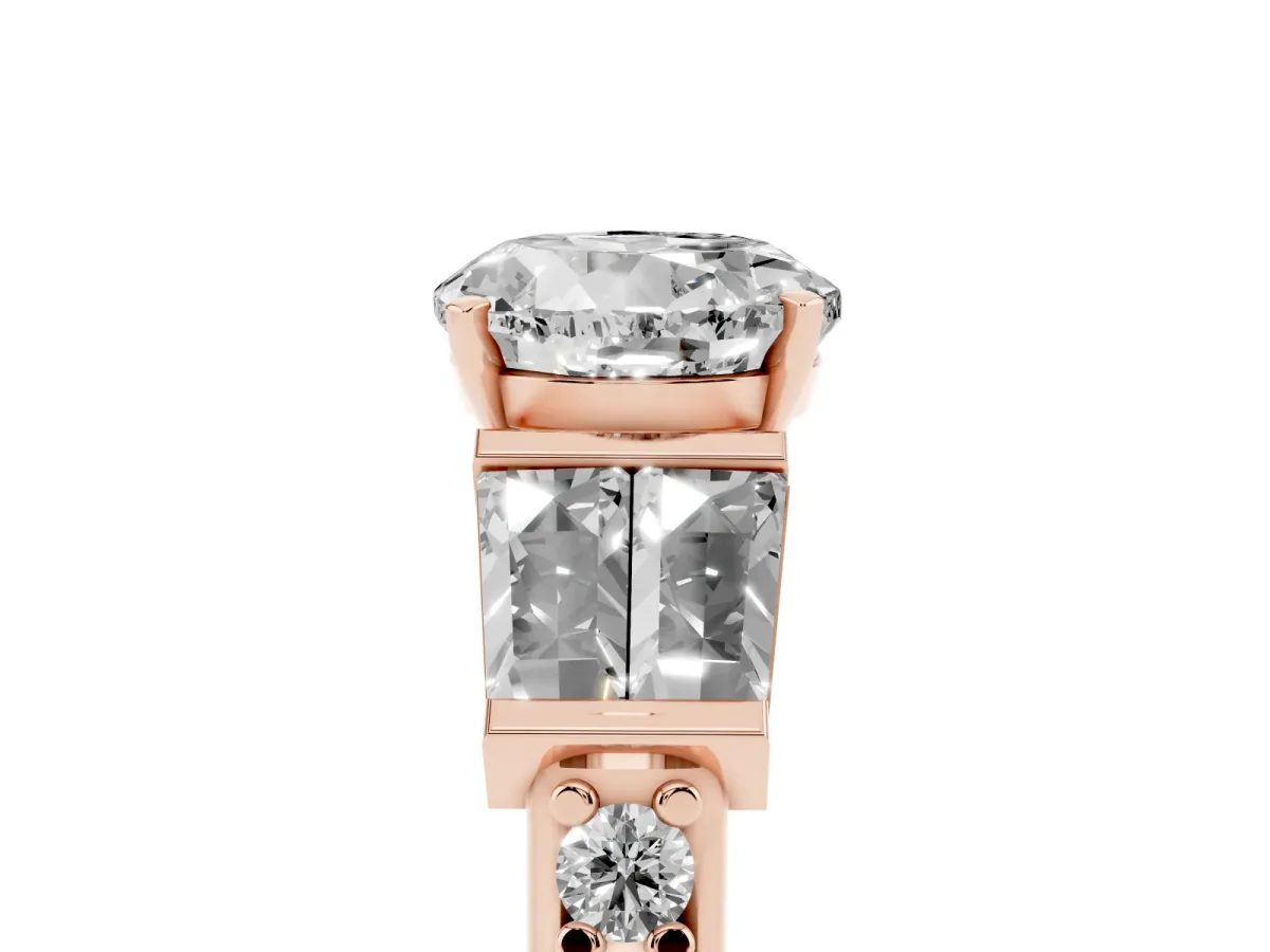 Round Cut Diamond Engagement Ring with Baguette Side Stones and Channel Set Band Rose gold