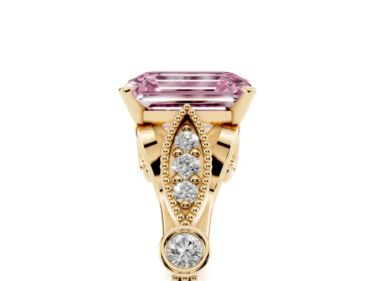 Fancy Pink Emerald Cut Cut Diamond with Milgrain Marquise and Bezel Accents on a Solitaire Band with Prong Setting Yellow gold