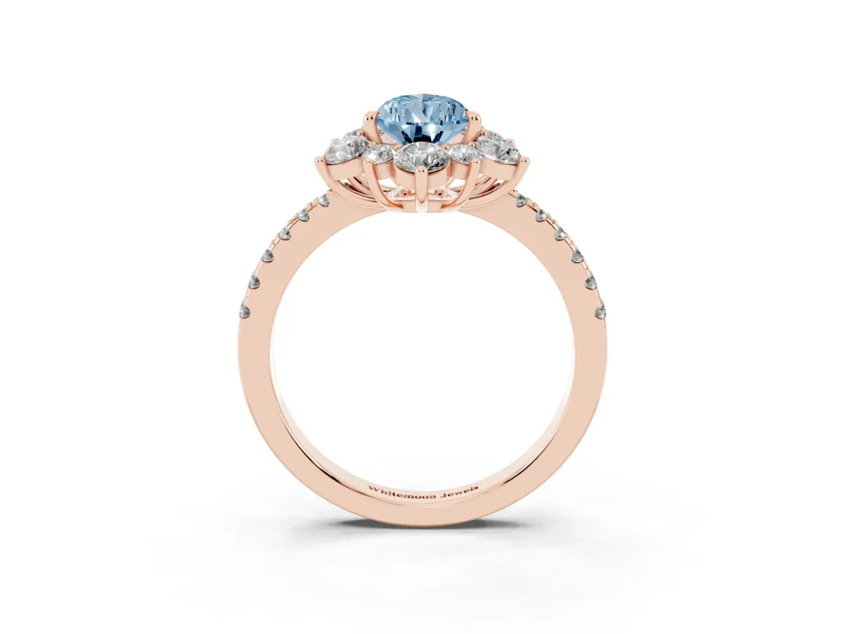 Fancy Blue Pear Cut Diamond Floral Halo Ring with Round Pavé Band and Prong Setting Rose gold