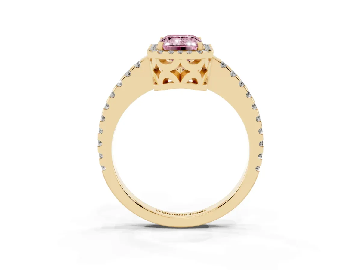 Fancy Pink Emerald Cut Diamond Halo Engagement Ring with Pavé Band and Prong Setting Yellow gold