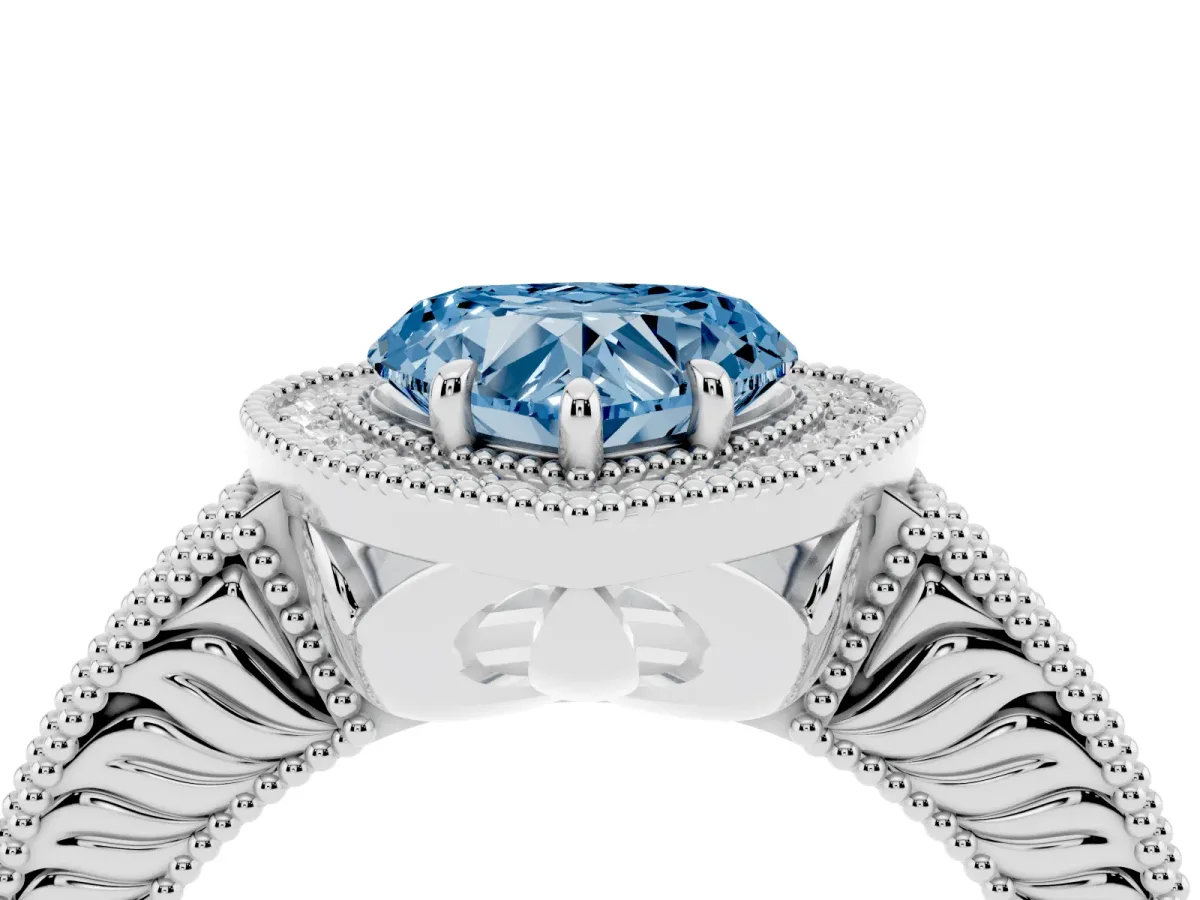 Fancy Blue Heart Cut Cut Halo Diamond Ring with Pavé Band and Four-Prong Setting Silver