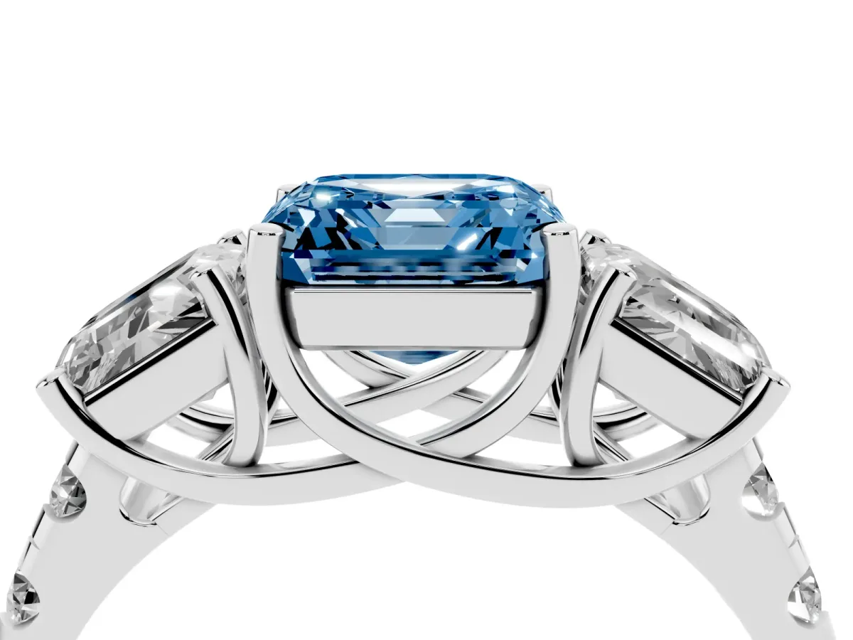 Fancy Blue Three-Stone Asscher Cut Diamond Pavé Band with Prong Setting Silver