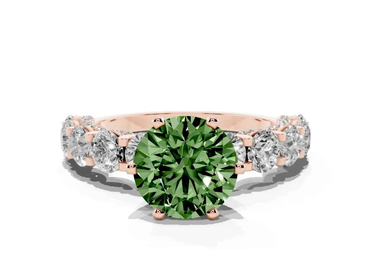 Fancy Green Round Cut Diamond Side Stone Engagement Ring with Four-Prong Setting Rose gold