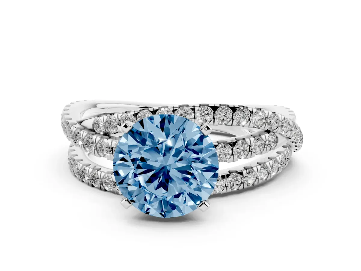 Fancy Blue Round Cut Solitaire Twist Band with Pavé Setting and Four-Prong Setting Silver