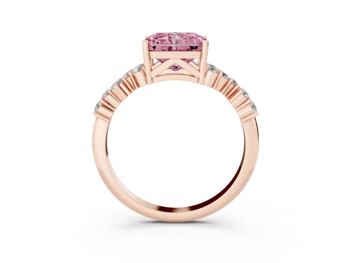 Fancy Pink Radiant Cut Diamond Scattered Round Accent Ring with Prong Setting Rose gold