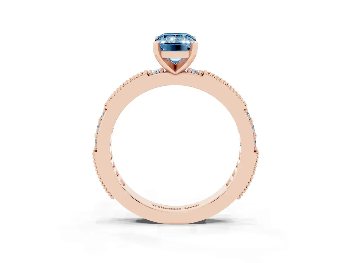 Fancy Blue Emerald Cut Solitaire with Pavé Band and Four-Prong Setting Rose gold