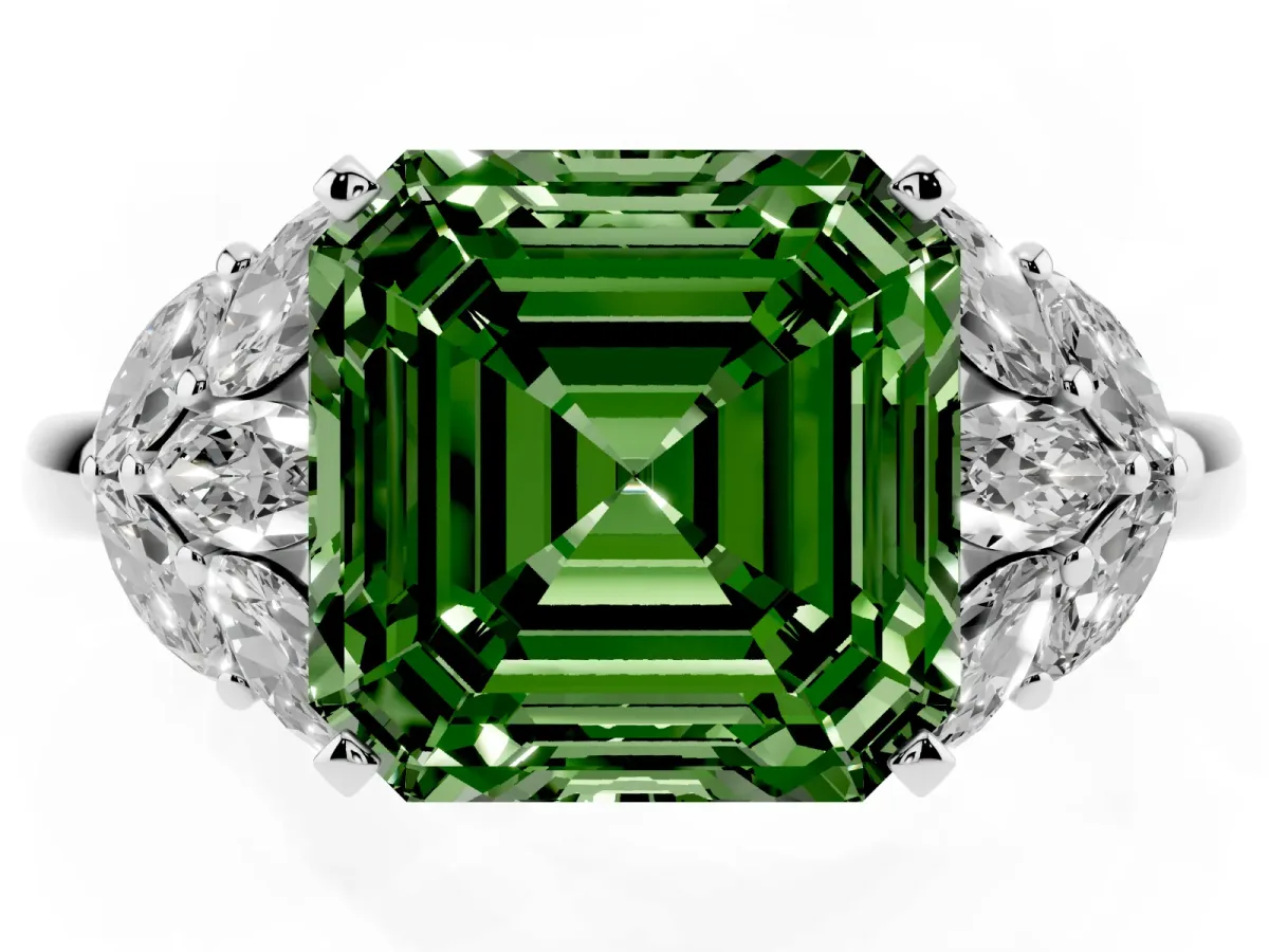 Fancy Green Asscher Cut Diamond Cluster Leaf Design Ring with Prong Setting Silver