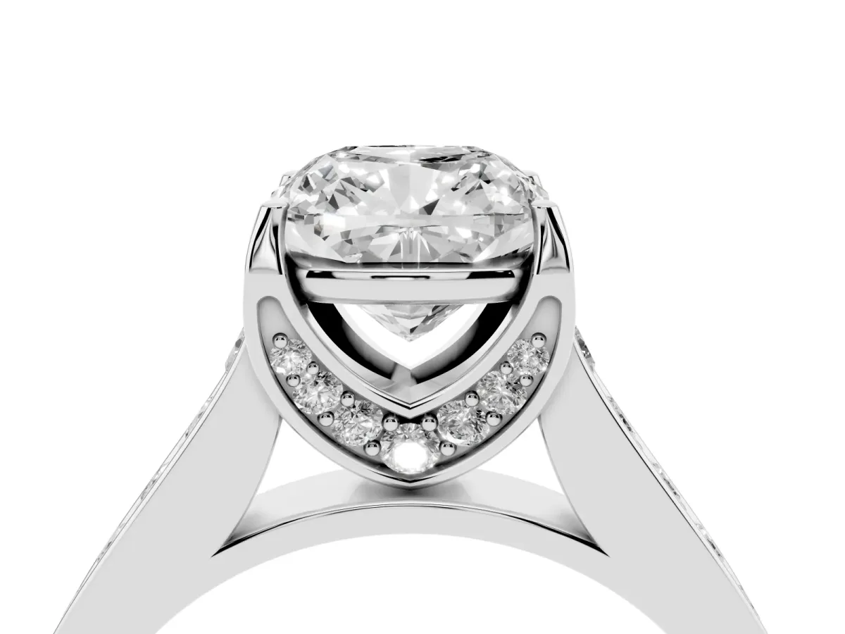 Cushion Cut Brilliant Cut Diamond Engagement Ring with Pavé Band and Four-Prong Setting Silver