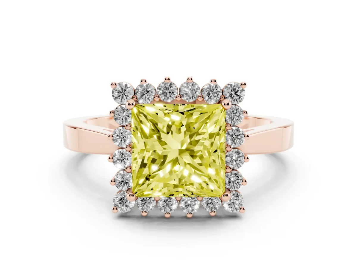 Fancy Yellow Princess Cut Cut Diamond Halo Ring with Round Brilliant Halo and Solitaire Band Rose gold