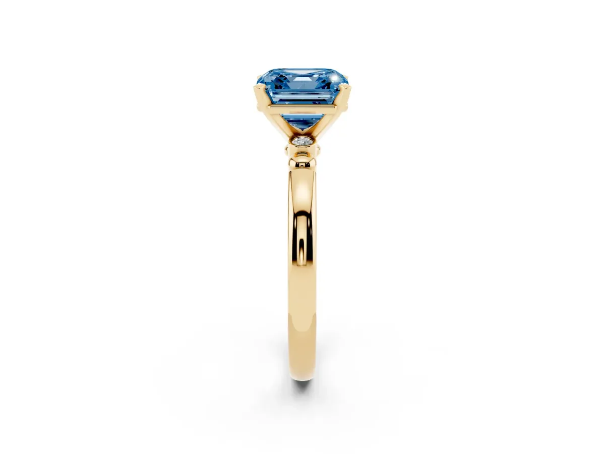 Fancy Blue Asscher Cut Solitaire Beaded Band with Four-Prong Setting Yellow gold