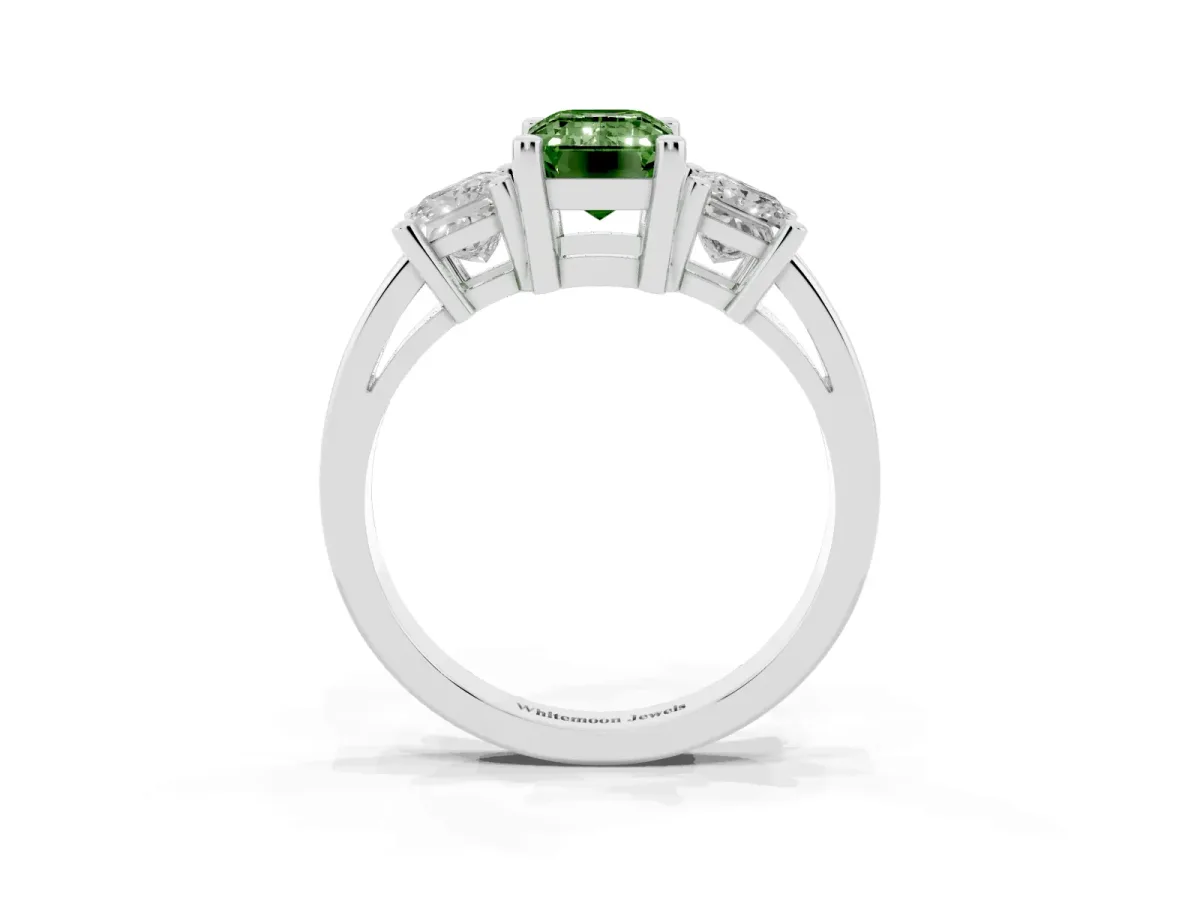 Fancy Green Three-Stone Emerald Cut Cut Solitaire Ring with Prong Setting Platinum