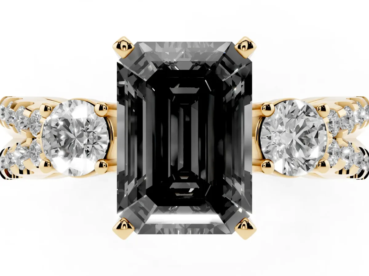 Fancy Black Emerald Cut Diamond Three-Stone Ring with Pavé Split Shank and Four-Prong Setting Yellow gold