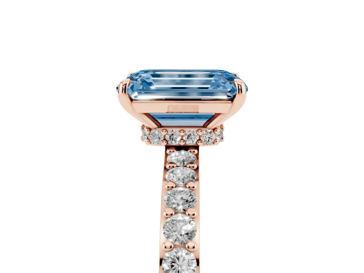 Fancy Blue Emerald Cut Diamond Solitaire Engagement Ring with Pavé Band and Four-Prong Setting Rose gold