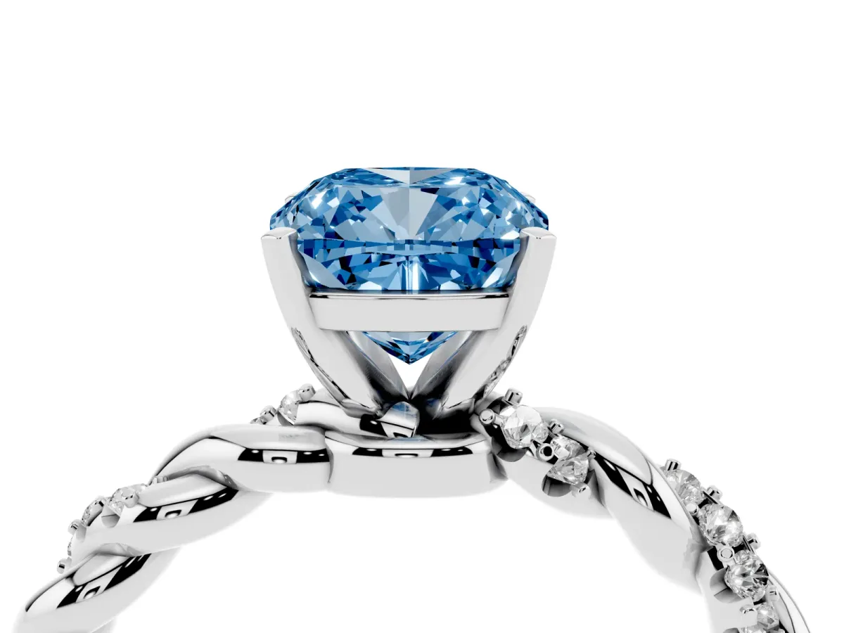 Fancy Blue Cushion Cut Diamond Solitaire Ring with Twisted Band and Pavé Accents Platinum
