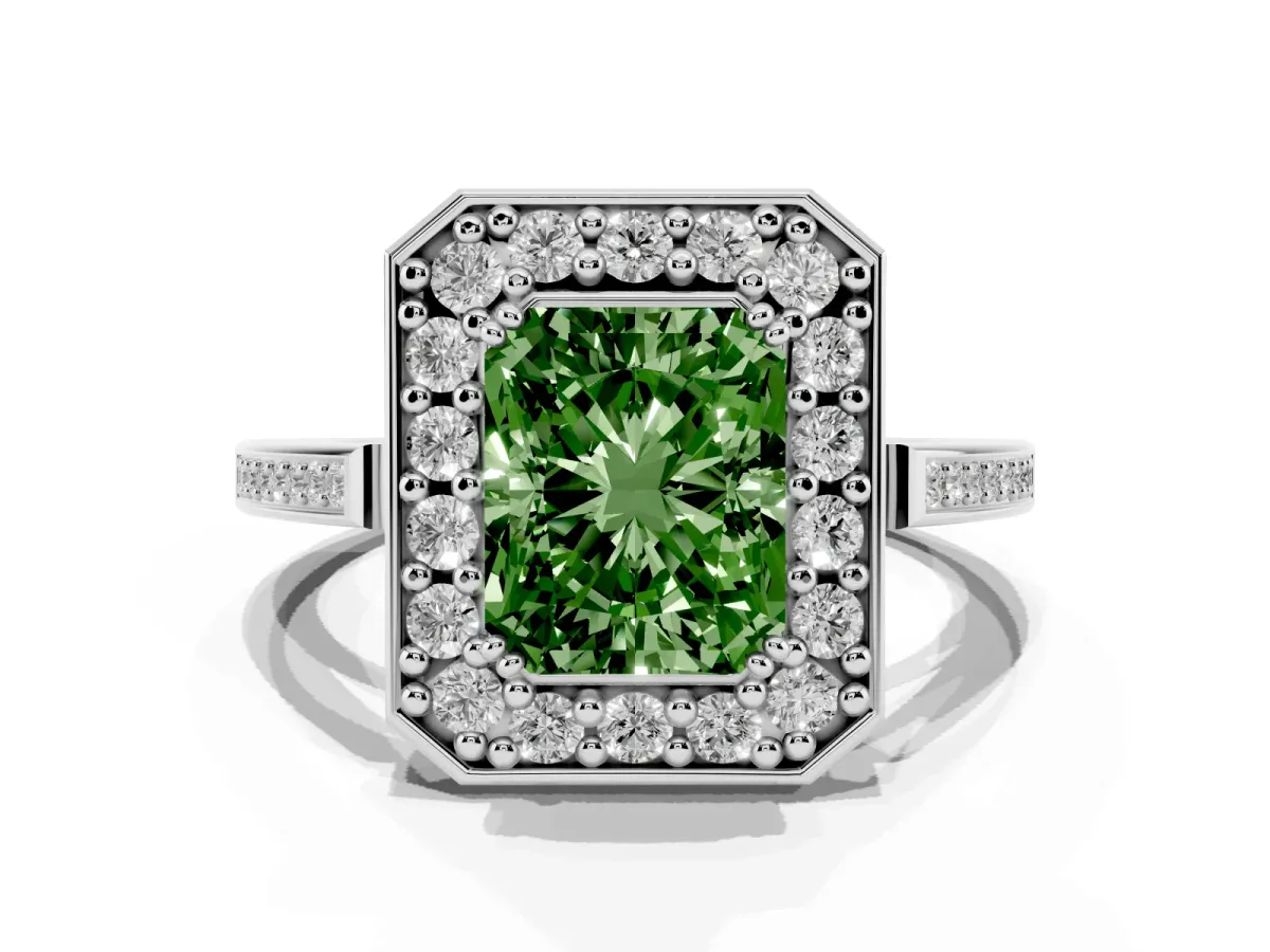 Fancy Green Radiant Cut Diamond Halo Ring with Split Shank and Four-Prong Setting Silver