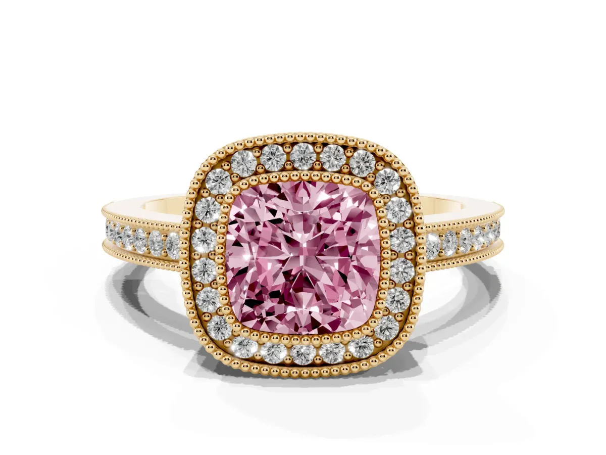 Fancy Pink Cushion Cut Cut Halo Diamond Ring with Pavé Band and Milgrain Prong Setting Yellow gold