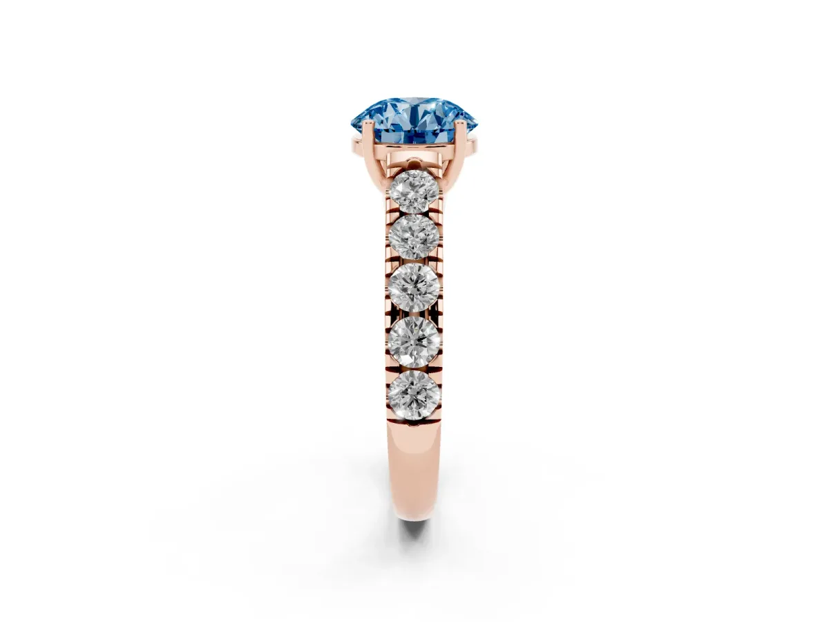 Fancy Blue Round Cut Cut Diamond Solitaire Ring with Micro Pave Band and Prong Setting Rose gold