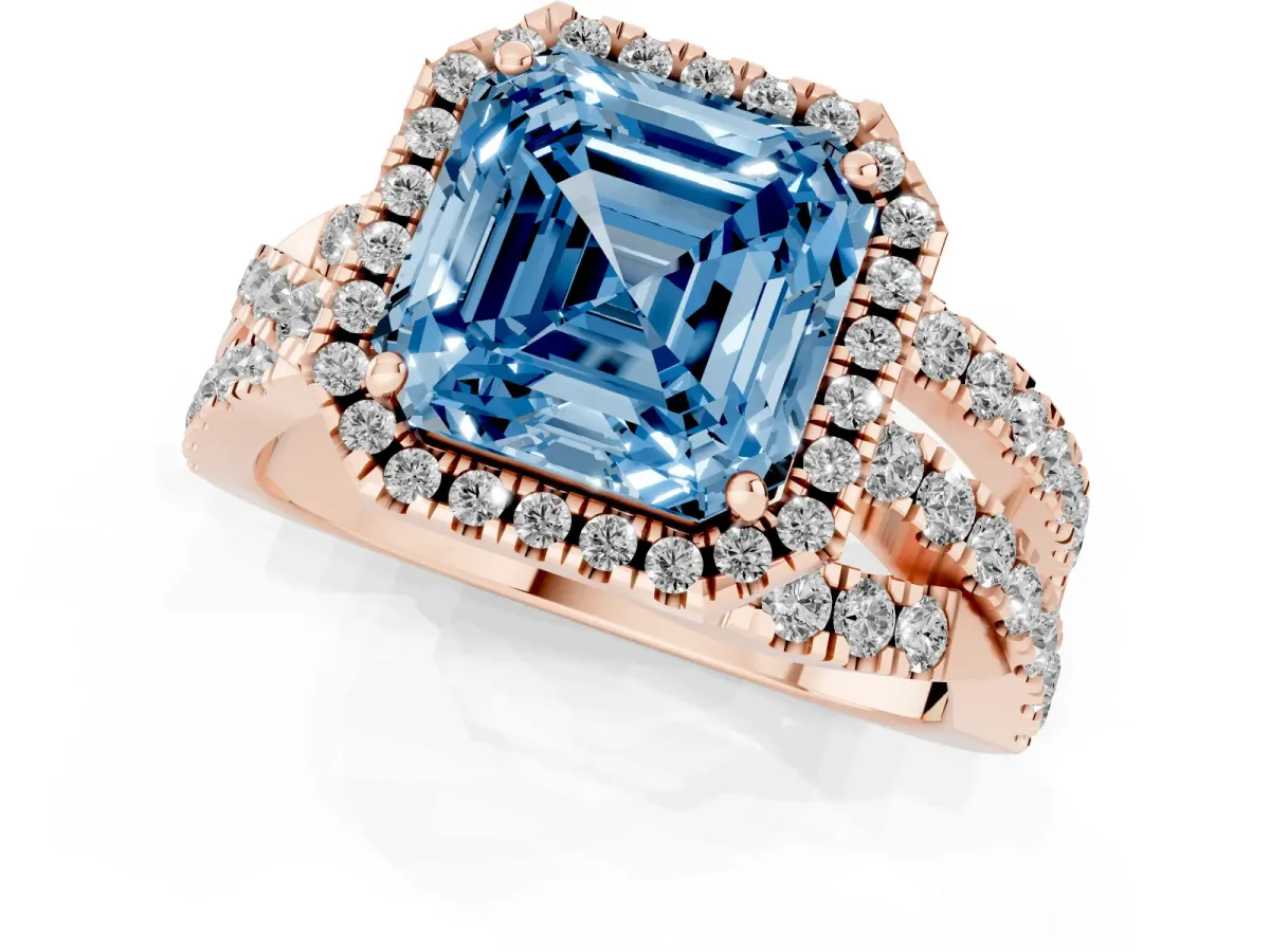Fancy Blue Asscher Cut Diamond Halo Ring with Round Split Shank and Prong Setting Rose gold