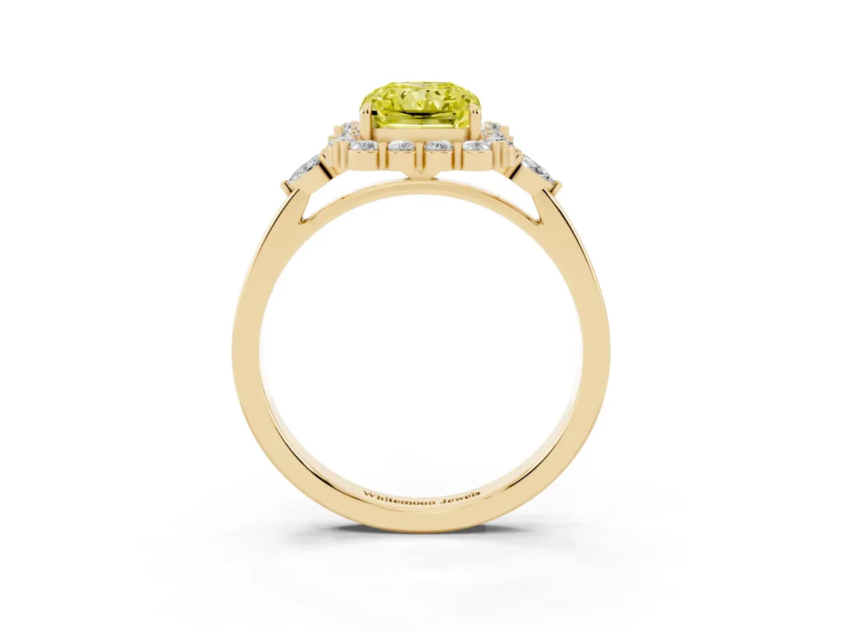 Fancy Yellow Radiant Cut Diamond Halo Ring with Pear Side Stones and Prong Setting Yellow gold