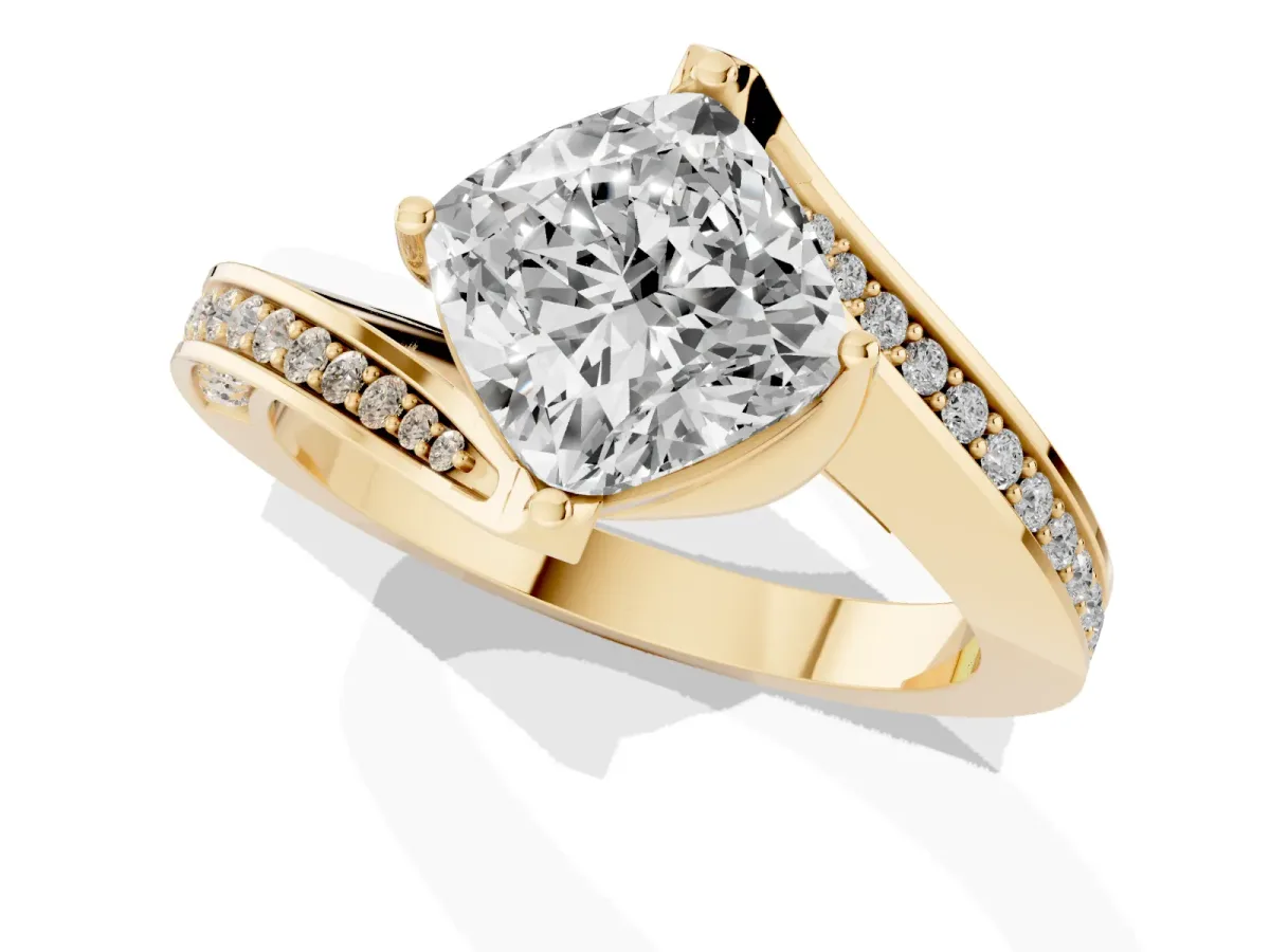 Cushion Cut Solitaire Diamond Twist Band with Pavé Setting and Four-Prong Setting Yellow gold