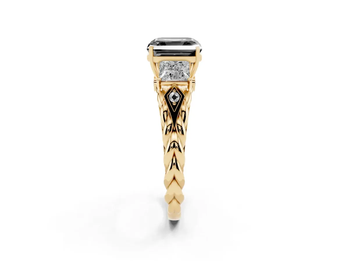 Fancy Black Three-Stone Asscher Cut Diamond Braided Band Ring with Four-Prong Setting Yellow gold