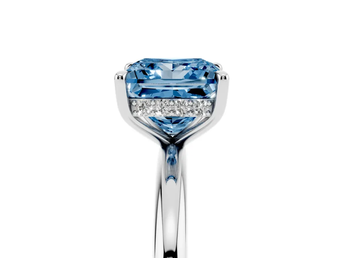 Fancy Blue Princess Cut Diamond Solitaire Ring with Thin Band and Four-Prong Setting Platinum