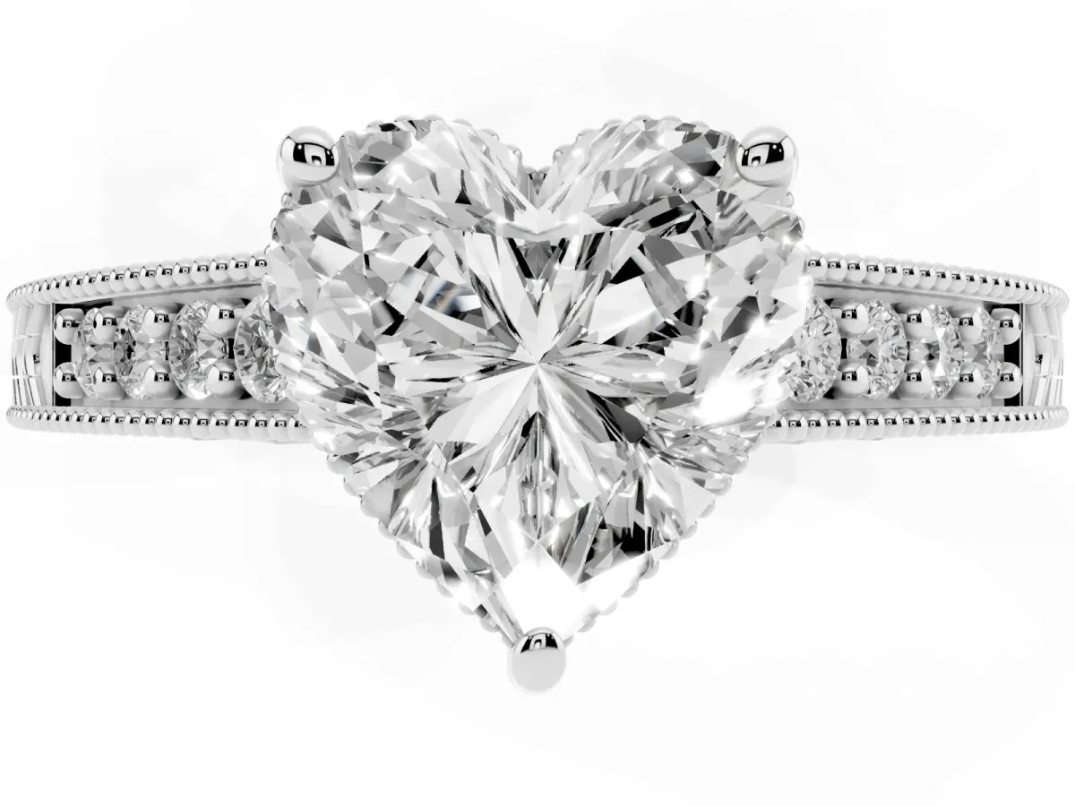 Heart Cut Solitaire Pavé Diamond Milgrain Engagement Ring with Four-Prong Setting Silver
