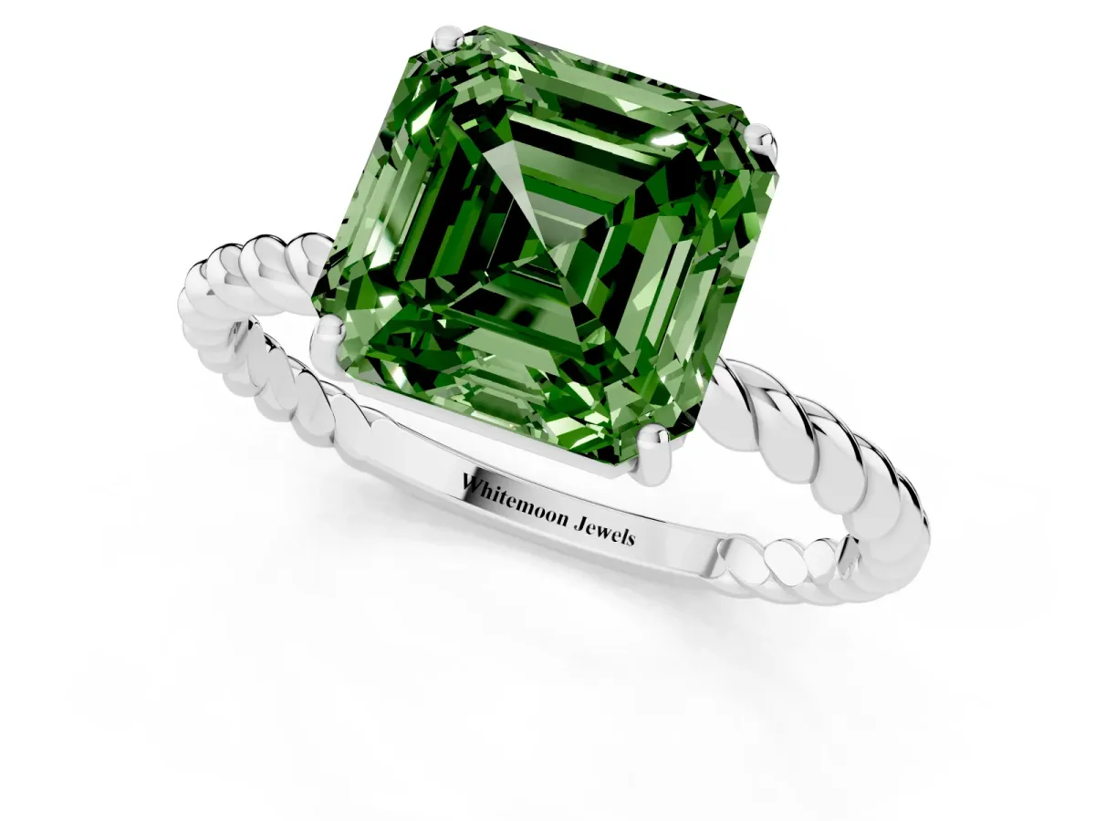 Fancy Green Asscher Cut Solitaire Twisted Band 4-Prong Ring Silver