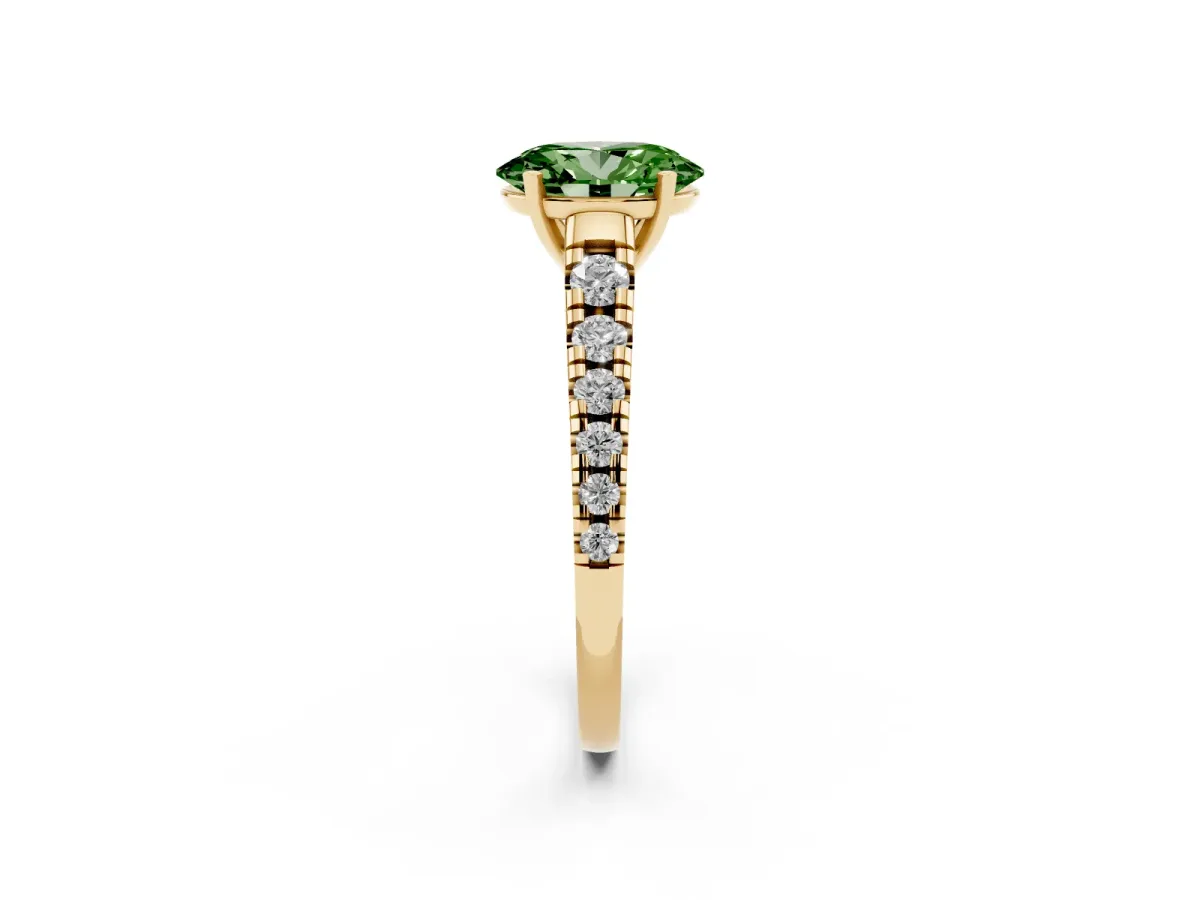 Fancy Green Oval Cut Diamond Cathedral Solitaire Ring with Round Pavé Band Yellow gold