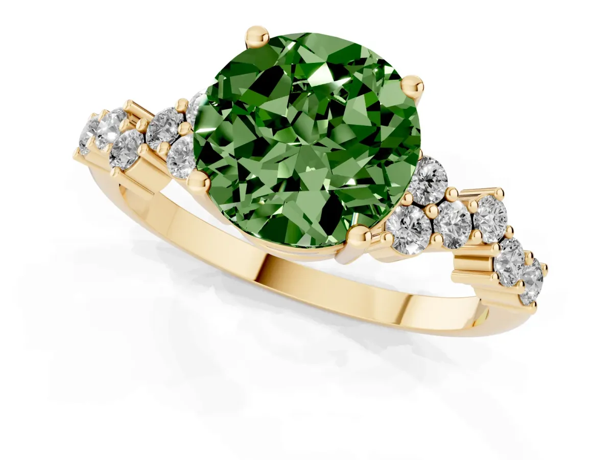 Fancy Green Round Cut Diamond Scattered Round Accent Ring with Prong Setting Yellow gold
