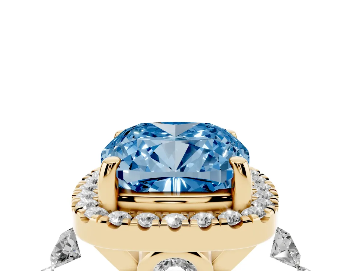 Fancy Blue Cushion Cut Halo Pavé Diamond Engagement Ring with Four-Prong Setting Yellow gold