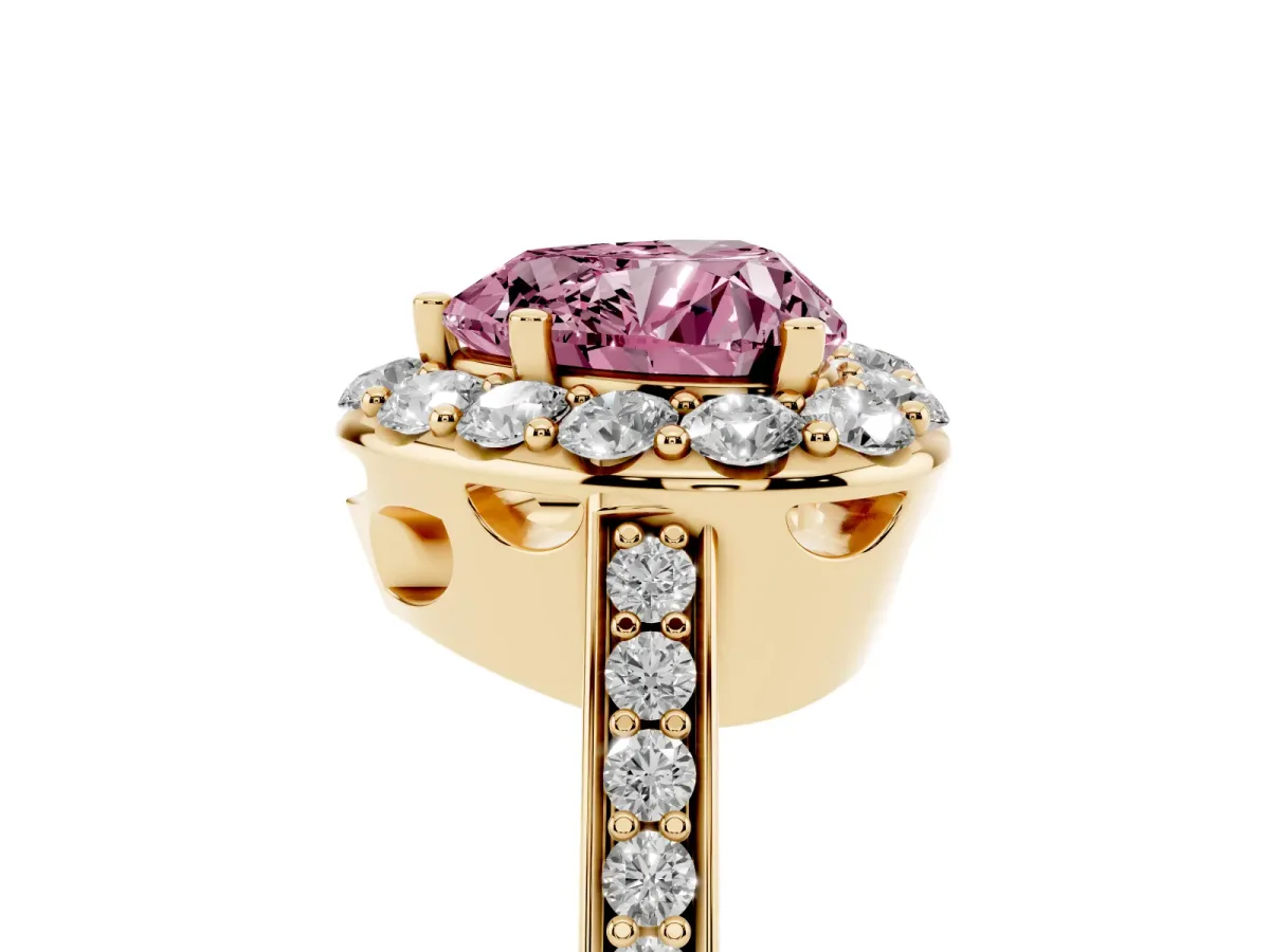 Fancy Pink Heart Cut Diamond Floral Halo Ring with Pavé Band and Prong Setting Yellow gold