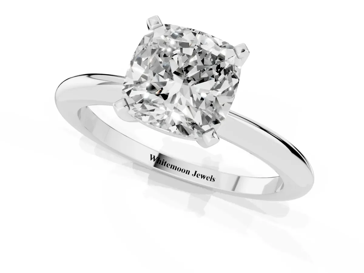 Cushion Cut Diamond Solitaire Ring with Prong Setting and Classic Band Platinum