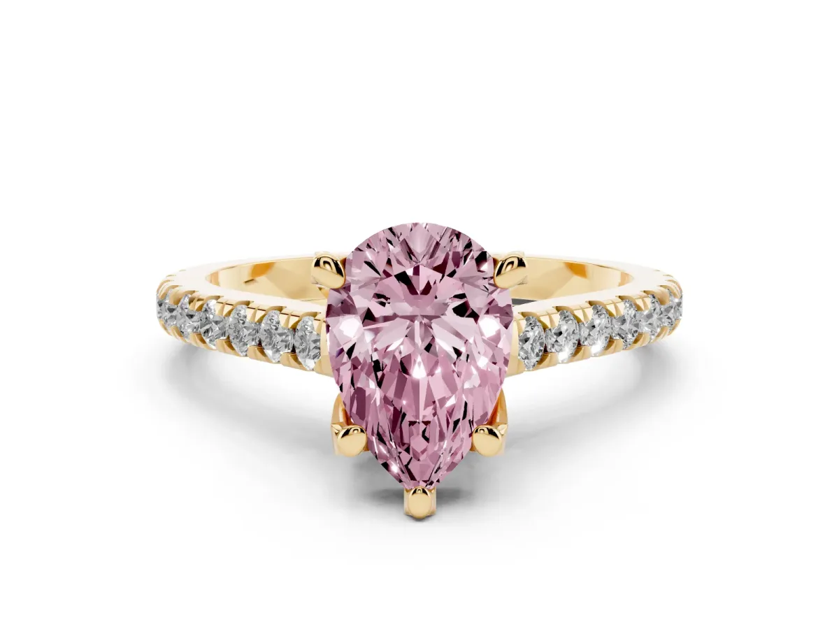 Fancy Pink Pear Cut Brilliant Diamond Solitaire with Pavé Band and Four-Prong Setting Yellow gold