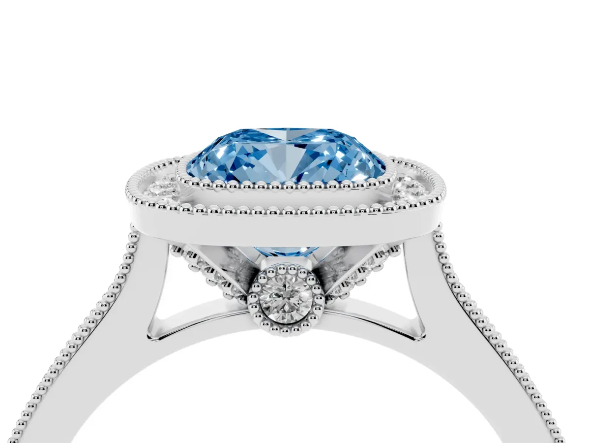 Fancy Blue Halo Cushion Cut-Cut Diamond Pave Band Milgrain Prong Setting Ring Silver