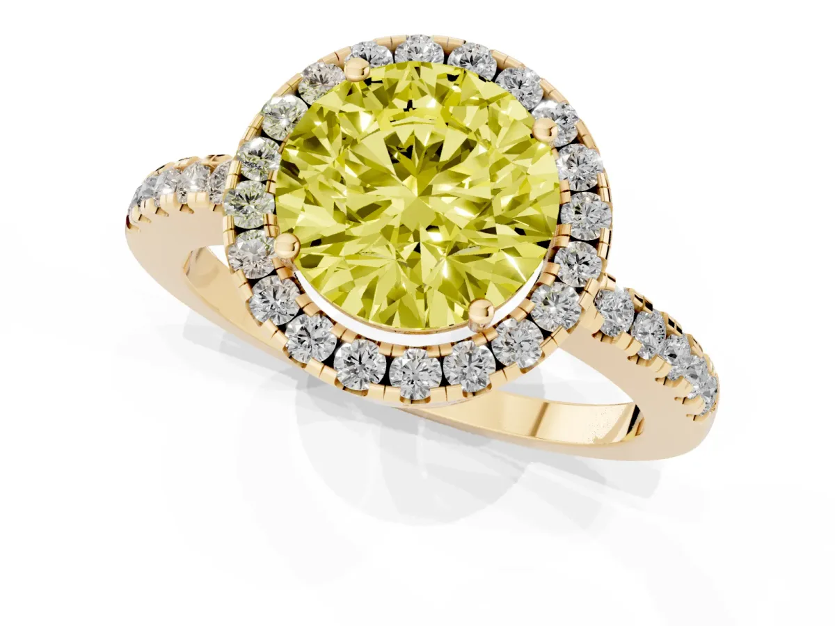 Fancy Yellow Round Cut Halo Diamond Engagement Ring with Pavé Band and Four-Prong Setting Yellow gold