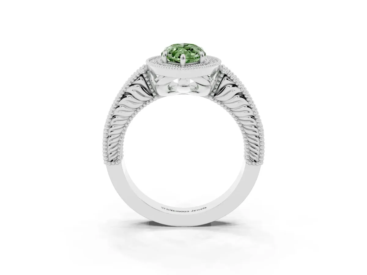 Fancy Green Marquise Cut Cut Halo Diamond Ring with Pavé Band and Four-Prong Setting Platinum