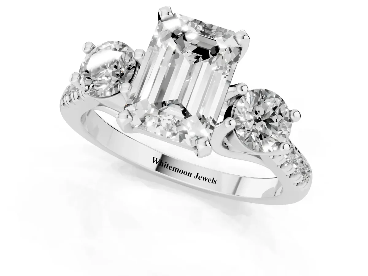 Three-Stone Emerald Cut Diamond Pavé Band with Four-Prong Setting Silver