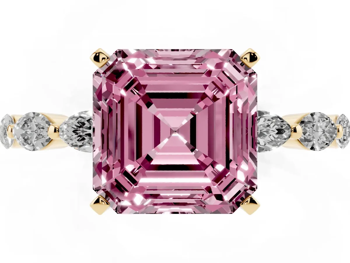 Fancy Pink Asscher Cut Diamond Ring with Marquise Side Stones and Prong Setting Yellow gold
