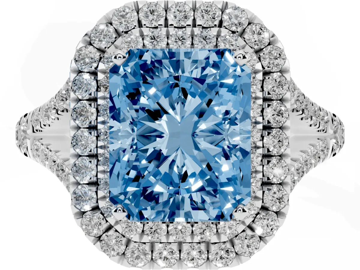 Fancy Blue Double Halo Radiant Cut Diamond Split Shank Engagement Ring with Four-Prong Setting Platinum
