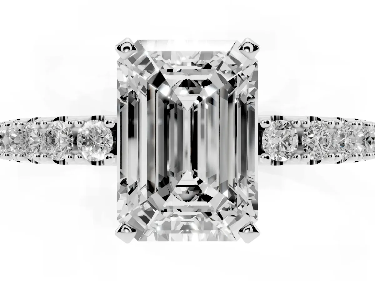 Emerald Cut Diamond Solitaire Pavé Band with Four-Prong Setting Platinum