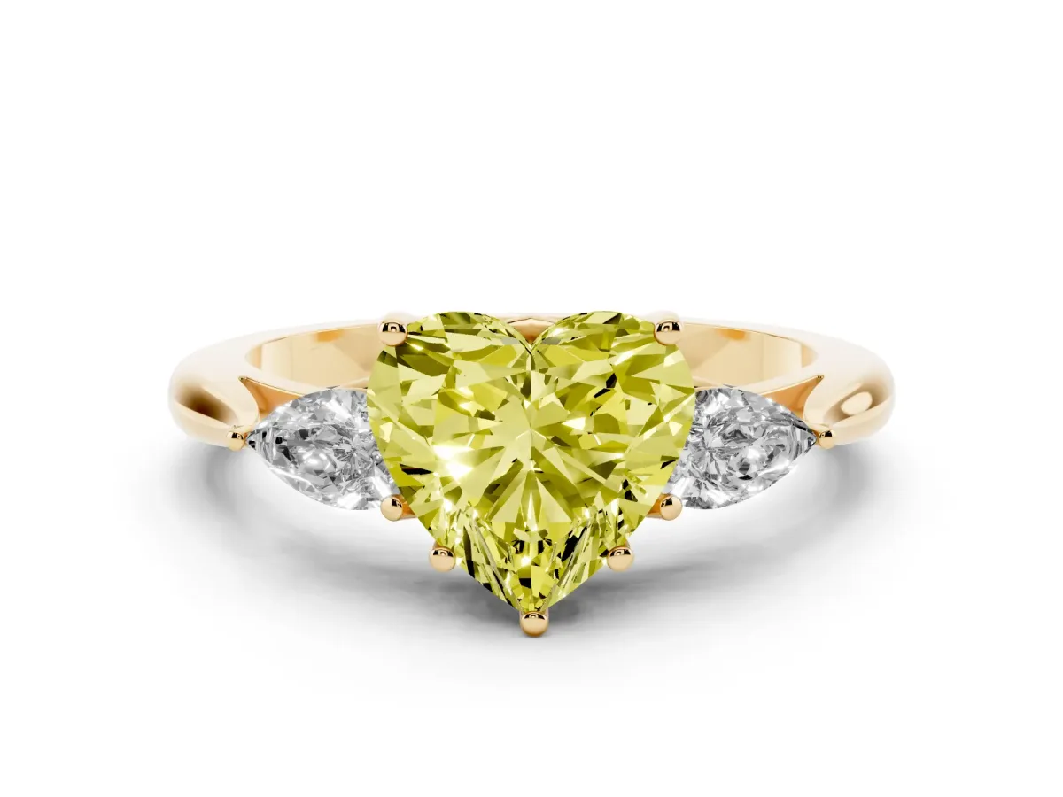 Fancy Yellow Heart Cut Diamond Three-Stone Ring with Pear Side Stones and Prong Setting Yellow gold