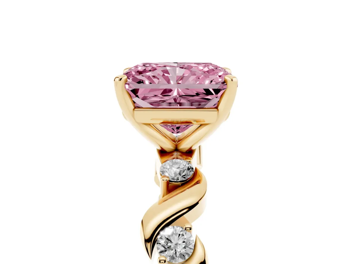 Fancy Pink Radiant Cut Diamond Solitaire Twisted Band with Round Accents and Prong Setting Yellow gold