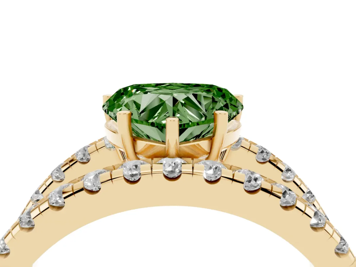 Fancy Green Heart Cut Solitaire Split Shank Pave Diamond Ring Yellow gold