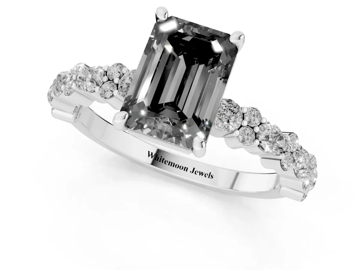 Fancy Black Emerald Cut Diamond Side Stone Solitaire Ring with Round and Four-Prong Setting Silver