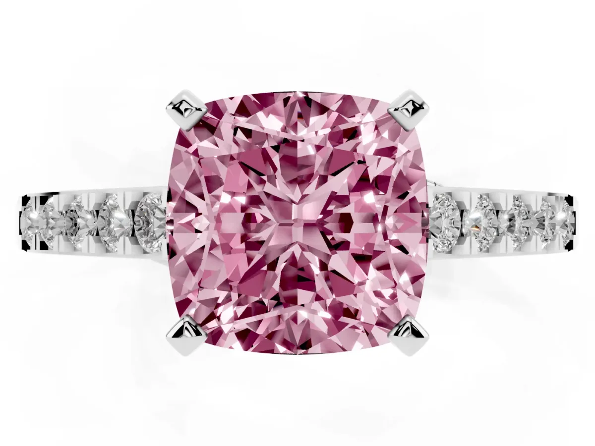 Fancy Pink Cushion Cut Diamond Solitaire Ring with Crossover Gallery and Round Pavé Band White gold