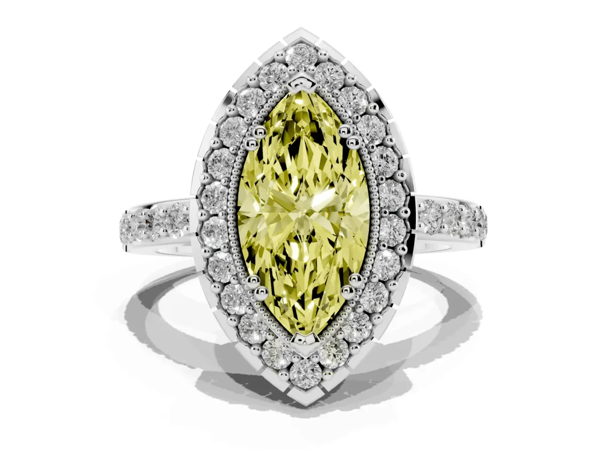 Fancy Yellow Marquise Cut Diamond Halo Ring with Pavé Band and Prong Setting White gold
