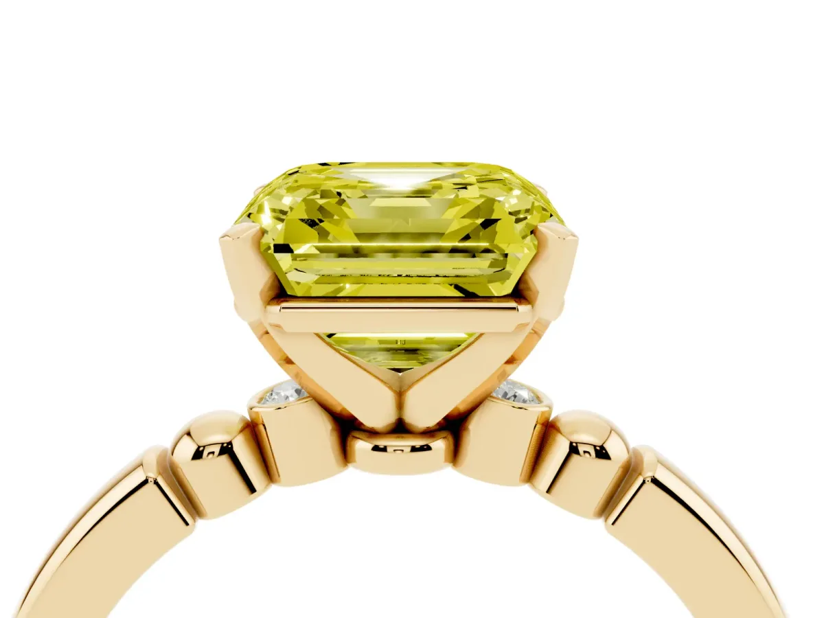 Fancy Yellow Asscher Cut Solitaire Beaded Band with Four-Prong Setting Yellow gold
