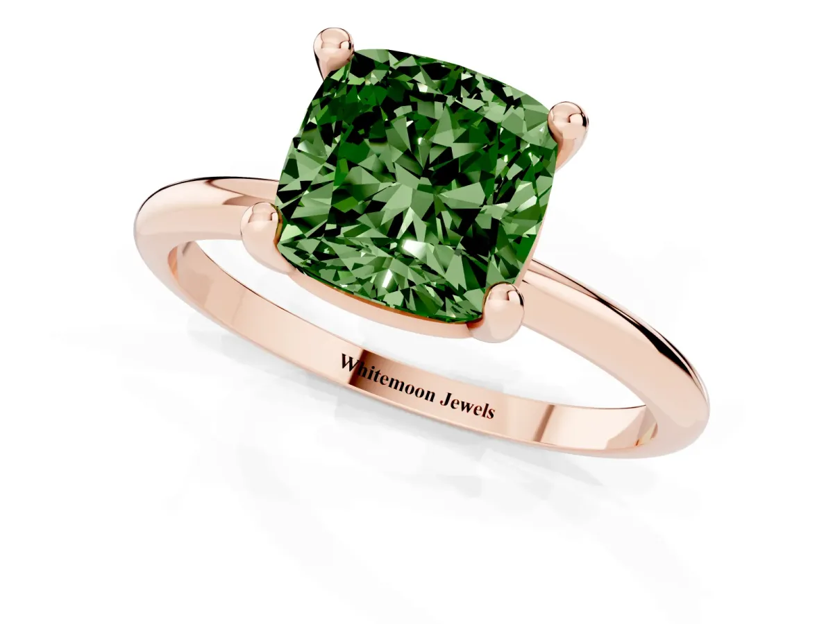 Fancy Green Cushion Cut Solitaire Diamond Ring with 4-Prong Setting on a Classic Band Rose gold